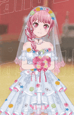 a girl with pink hair is wearing a white dress with flowers on it