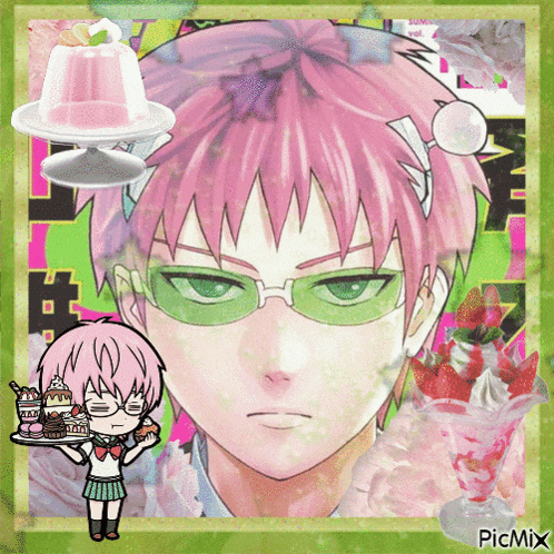 a picture of a girl with pink hair and green glasses holding a tray of food