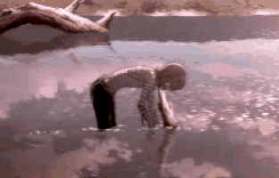 a person is bending over in the water with a tree branch in the background .