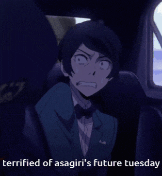 a picture of a man in a suit and bow tie with the caption terrified of asagiri 's future tuesday