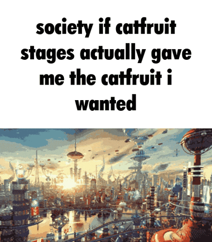 a futuristic city with the words society if catfruit stages actually gave me the catfruit i wanted below it
