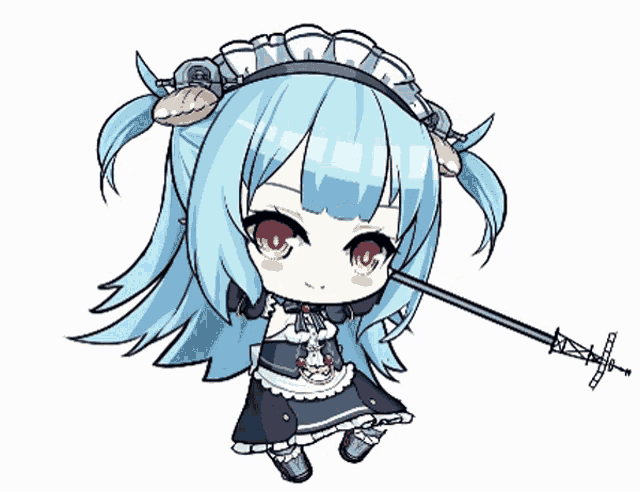 a drawing of a girl with blue hair and red eyes holding a sword