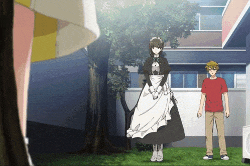 a man in a red shirt is standing next to a maid