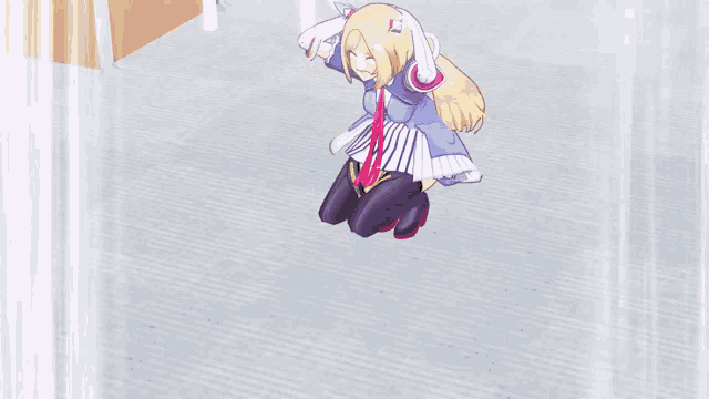 a girl in a blue dress is kneeling down on the floor