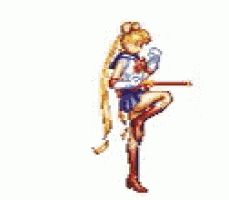 a pixel art of a girl in a sailor moon costume running with a stick .
