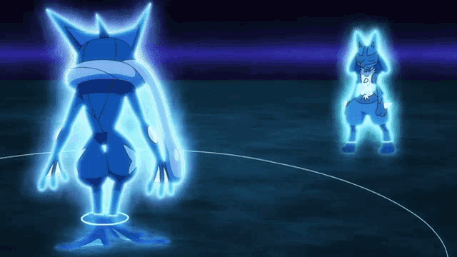 a blue pokemon with the letter o on its chest is standing in a dark room