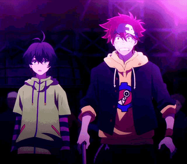 two anime characters are standing next to each other with one wearing a shark shirt