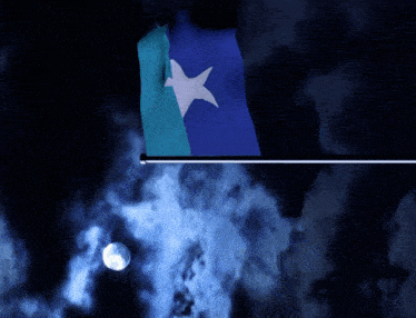 a blue and white flag with a white star is flying in the night sky