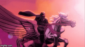 a cartoon of a man riding on the back of a pegasus horse .