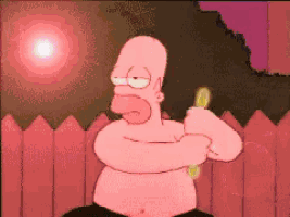 homer simpson without a shirt is holding a sword