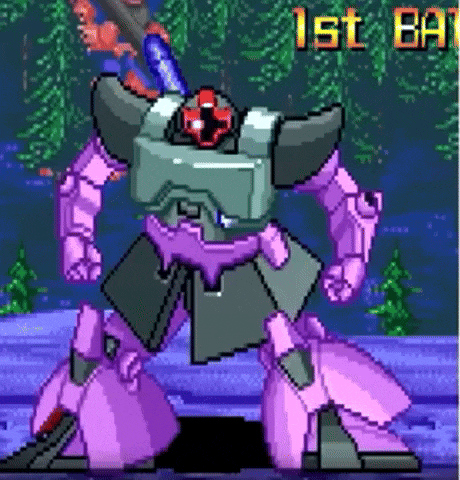 a pixel art drawing of a robot with the words 1st battle in the background