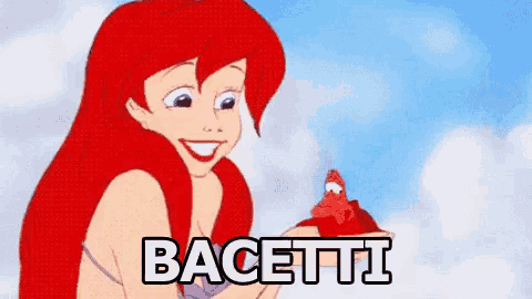ariel from the little mermaid is smiling and holding a red fish with the word bacetti written on it