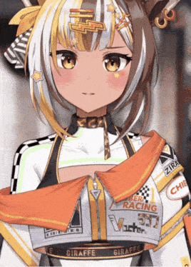 a girl wearing a racing outfit with the word giraffe on it