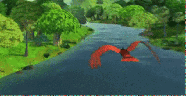 a painting of a red dragon flying over a river with trees in the background