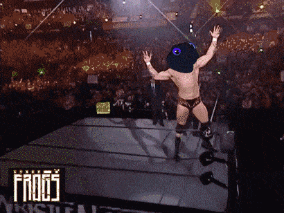a man with a frog on his head is jumping in a wrestling ring