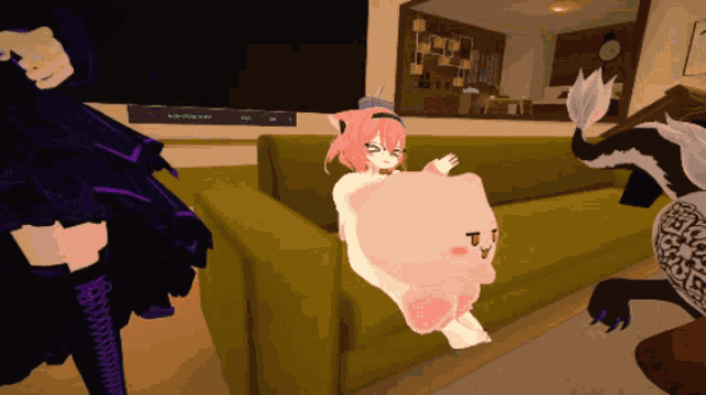 a girl with pink hair is sitting on a couch with a stuffed animal in her lap