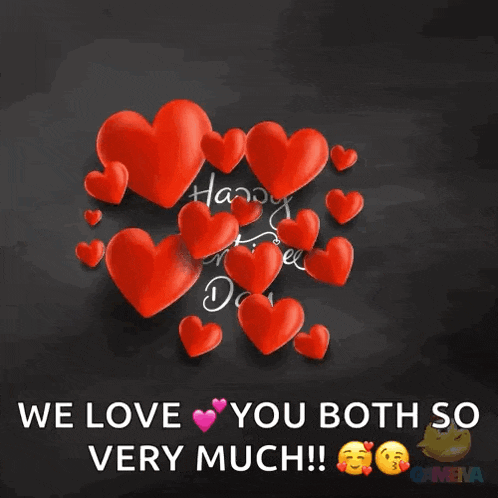 a happy valentine 's day card with red hearts and the words we love you both so very much