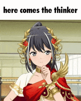 a picture of a girl with the words here comes the thinker behind her