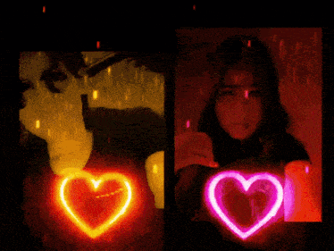 two pictures of a woman holding glowing hearts in their hands