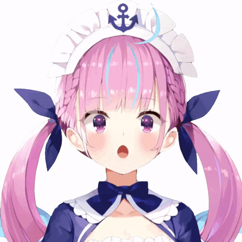 a girl with pink hair is wearing a maid outfit with an anchor on it