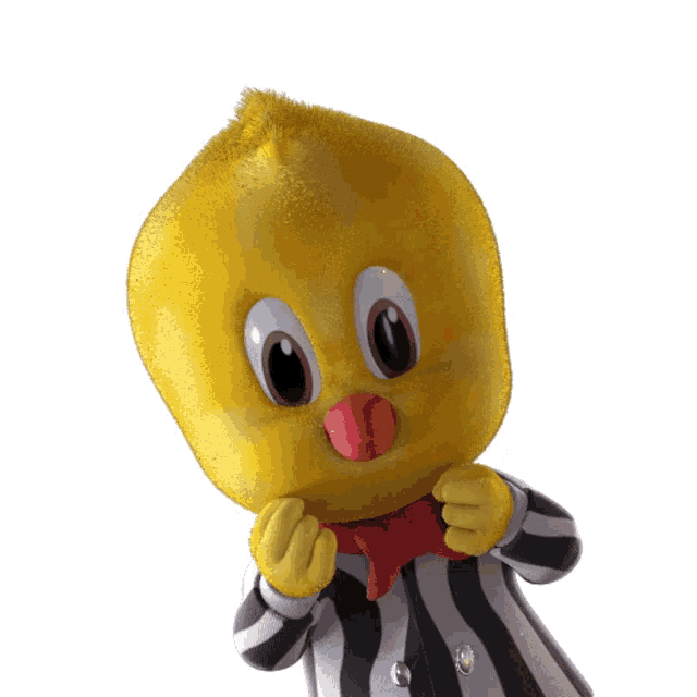 a yellow cartoon character wearing a black and white striped jacket and a red bow tie