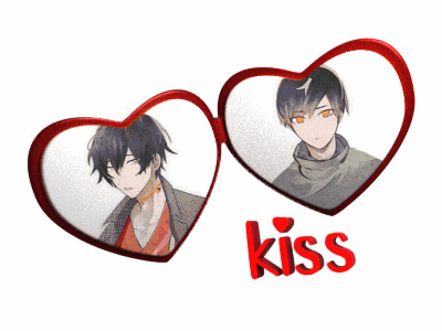 two hearts with a picture of a man and the word kiss below them