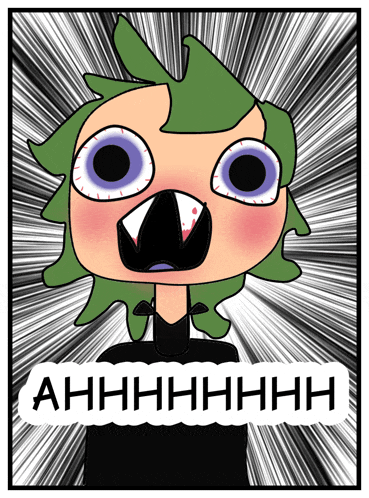 a cartoon drawing of a person with green hair and purple eyes says ahhhh
