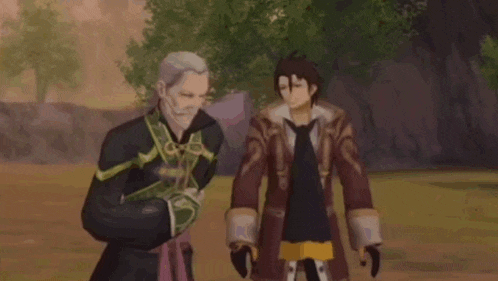 a man in a suit and tie is standing next to another man in a field .