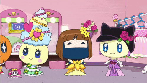 a group of cartoon characters are standing in a room