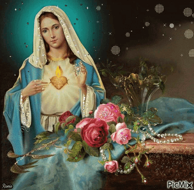 a painting of the virgin mary with roses and pearls