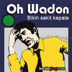 a cartoon of a man holding his head with the words oh wadon bikin sakit kepala written above him