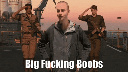 a group of soldiers saluting with the words big fucking boobs above them