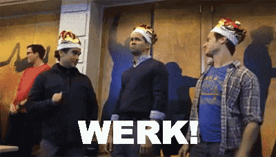 a group of men are standing in front of a sign that says werk !