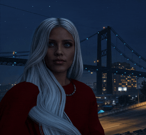 a woman with long white hair and blue eyes stands in front of a bridge