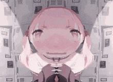 a girl with pink hair is standing in front of lockers .