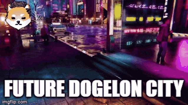 a futuristic city with the words future dogelon city on the bottom