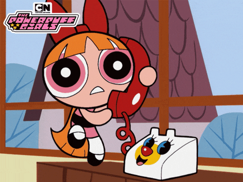 a cartoon of blossom from the powerpuff girls talking on a telephone