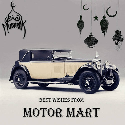 an advertisement for motor mart shows an old car and lanterns