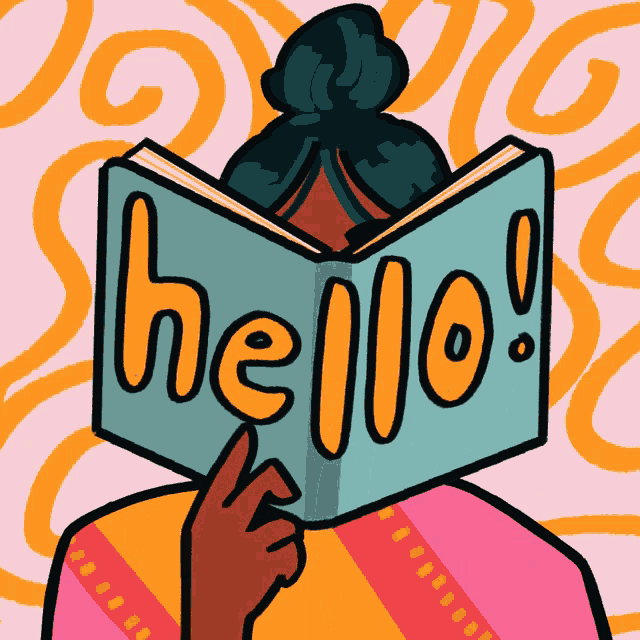 a woman is reading a book that says hello on it