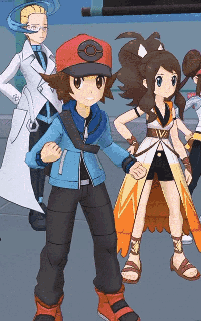 a group of cartoon characters including a boy wearing a red hat