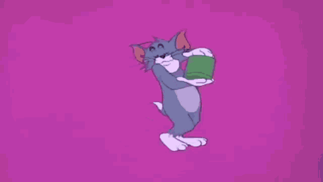 tom from tom and jerry is holding a green can on a purple background .