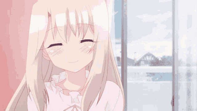 a girl with blonde hair and a pink shirt is smiling