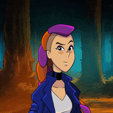 a cartoon drawing of a girl with purple hair and a blue jacket