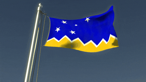 a blue and yellow flag with mountains and stars