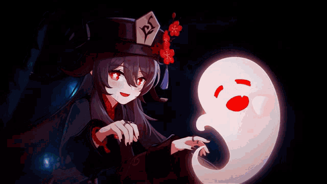 a girl in a black hat with a chinese symbol on it stands next to a ghost