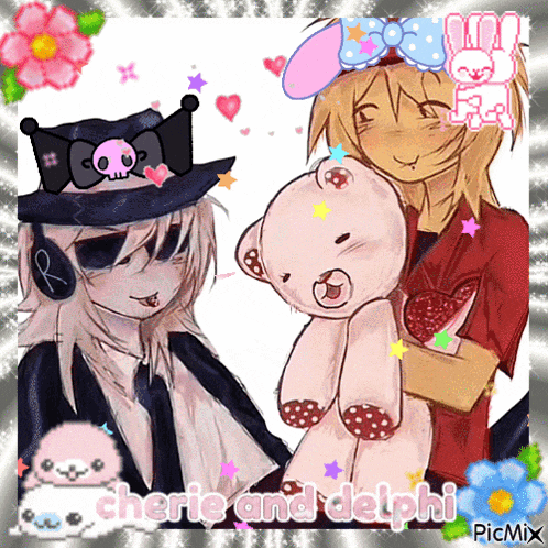 a drawing of cherie and delphi with a pink teddy bear
