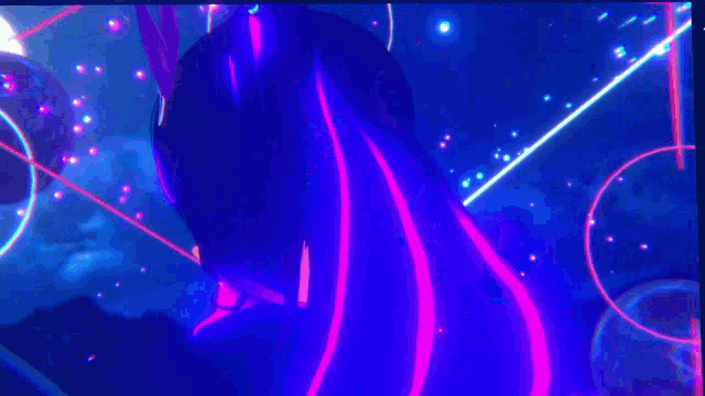 a girl with a purple bow in her hair is surrounded by neon lights