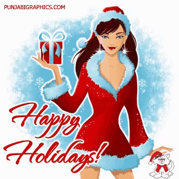a woman in a santa outfit is holding a gift and the words happy holidays are on the bottom