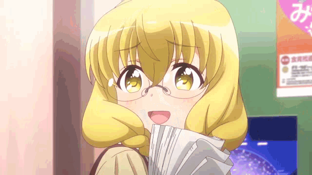 a girl with yellow hair and glasses is holding a book
