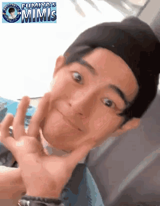 a man making a funny face with a fujiya 's mimis logo above him